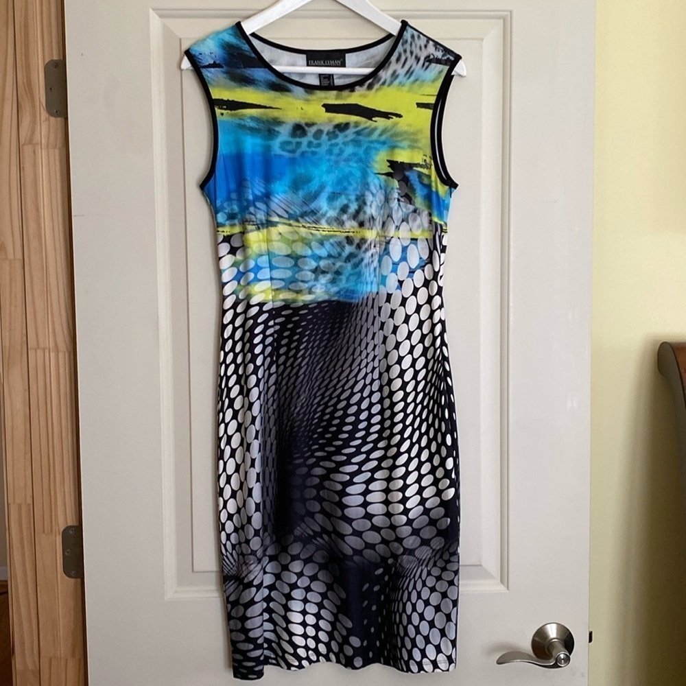 Frank Lyman Contemporary Geometric Shift Dress Black Gray Lime Blue Sz 6